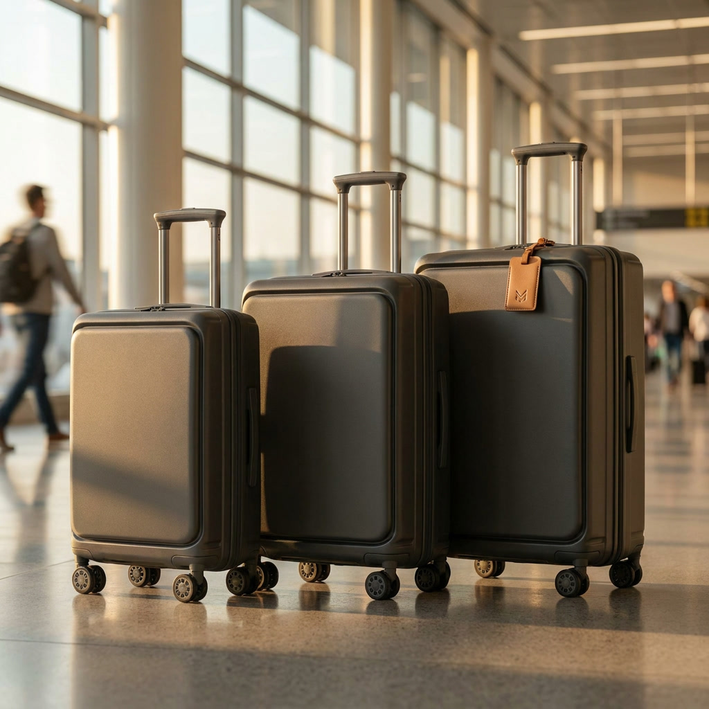 The Compass three-piece luggage collection standing in an airport terminal